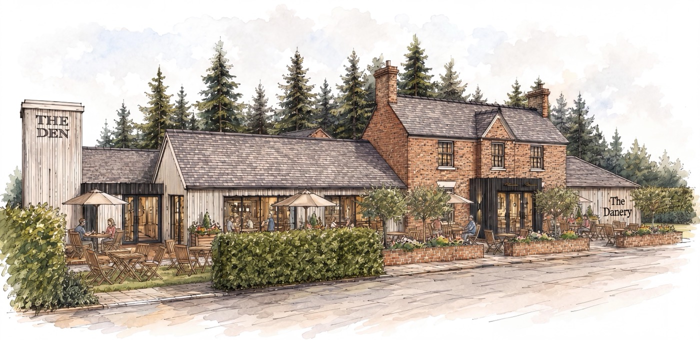 Watercolour of The Danery seen along its length: a long timber-clad building with tall windows and people at tables under umbrellas, a tall timber tower at the left-hand end, and the brick pub on the right.