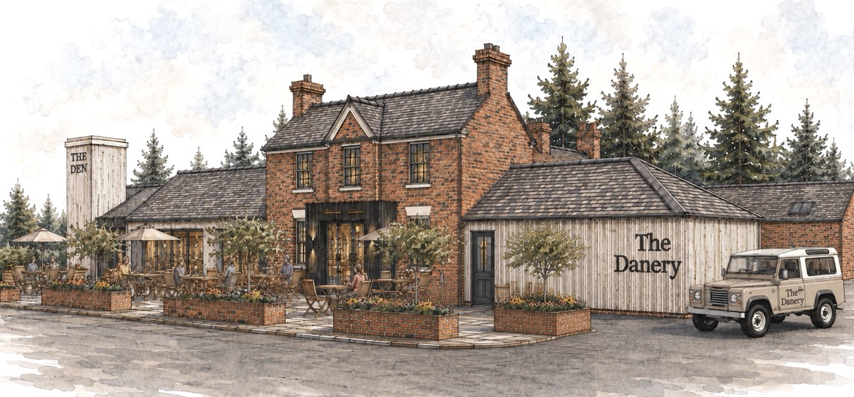 Watercolour of The Danery from the road: the red-brick pub with tables, umbrellas and planters out front, a timber-clad wing with The Danery painted on it, and an old Land Rover parked outside.